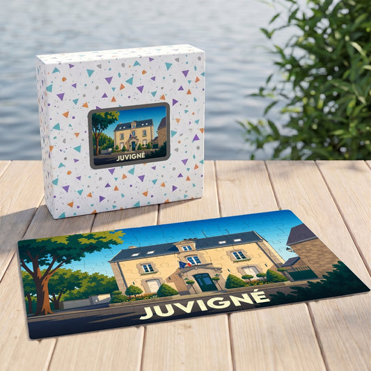 Puzzle souvenir de la ville de Juvigné avec une illustration stylisée de sa mairie.