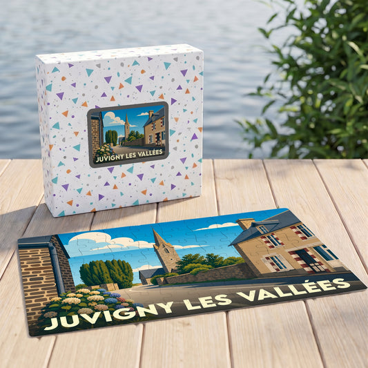 Puzzle souvenir de la ville de Juvigny les Vallées avec son coffret illustré.