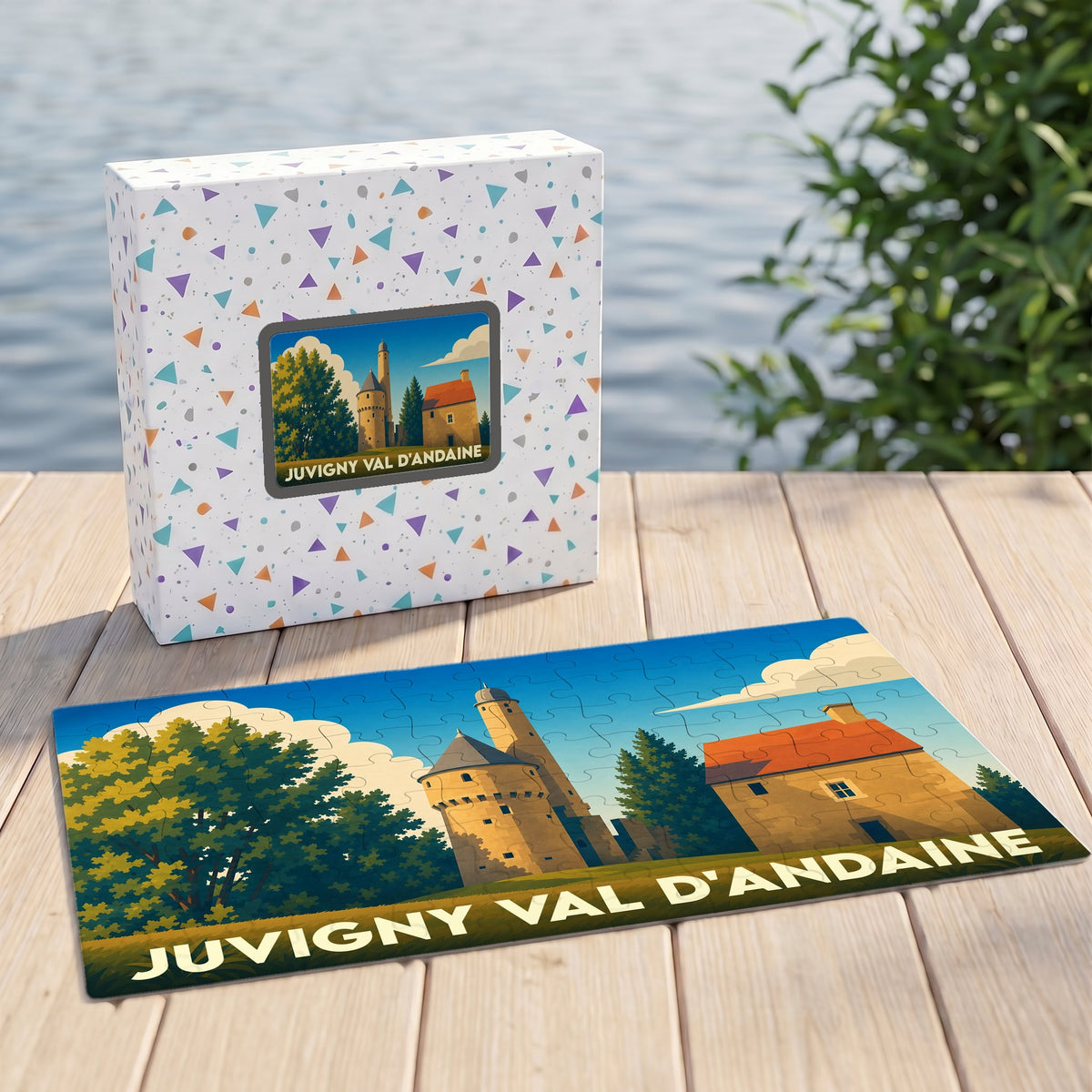 Puzzle souvenir de la ville de Juvigny Val d'Andaine avec une illustration stylisée.