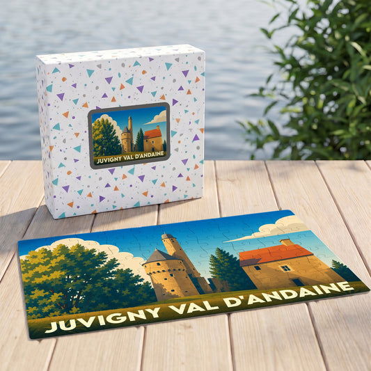 Puzzle souvenir de la ville de Juvigny Val d'Andaine avec une illustration stylisée.