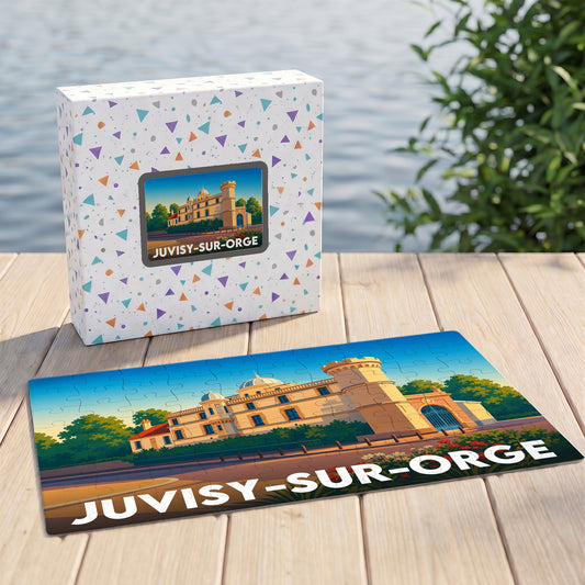 Puzzle souvenir de la ville de Juvisy-sur-Orge illustrant un château stylisé.