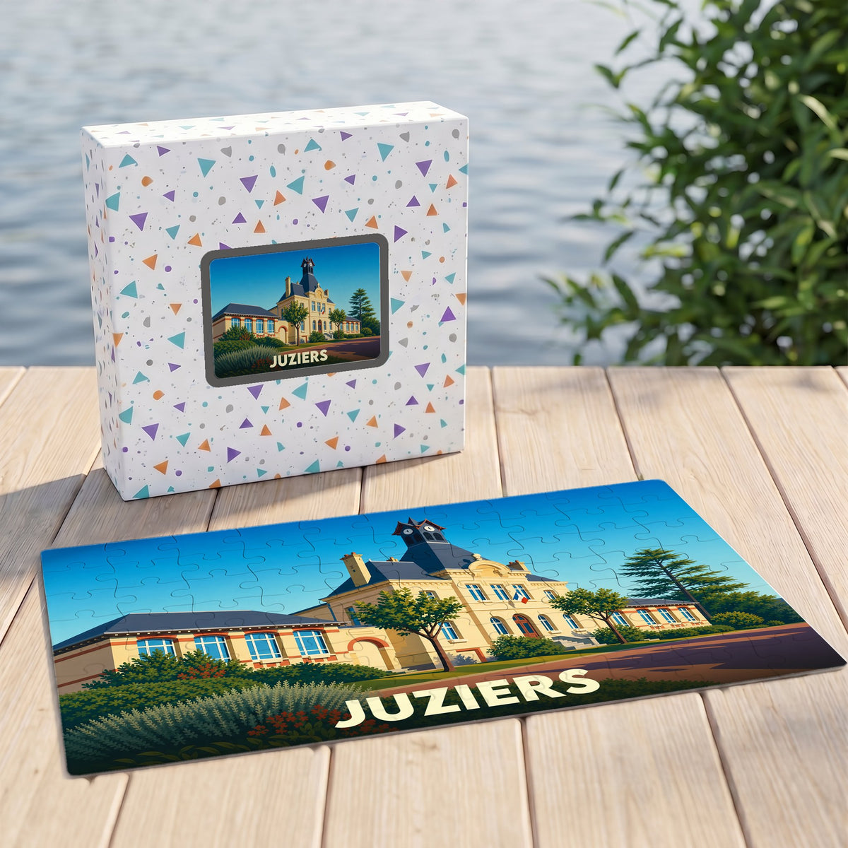 Puzzle souvenir de la ville de Juziers présenté avec sa boîte illustrée sur un ponton en bois.