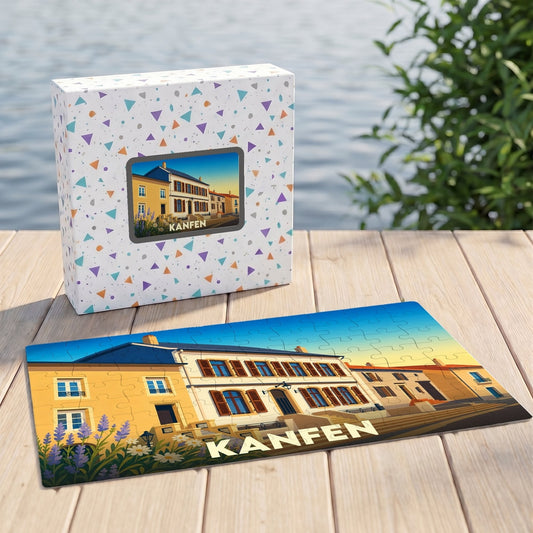 Puzzle souvenir de la ville de Kanfen avec une illustration stylisée d'un bâtiment traditionnel.