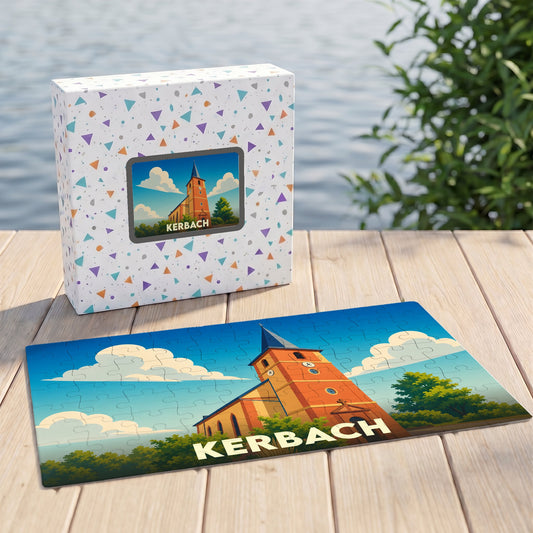 Puzzle souvenir de la ville de Kerbach avec une illustration stylisée de son église.
