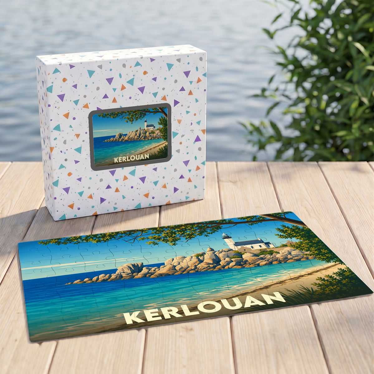 Puzzle souvenir de la ville de Kerlouan avec une illustration stylisée de son phare et de sa côte rocheuse.