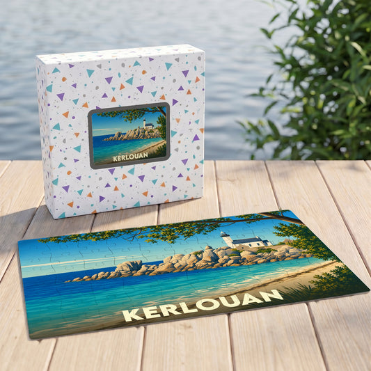 Puzzle souvenir de la ville de Kerlouan avec une illustration stylisée de son phare et de sa côte rocheuse.