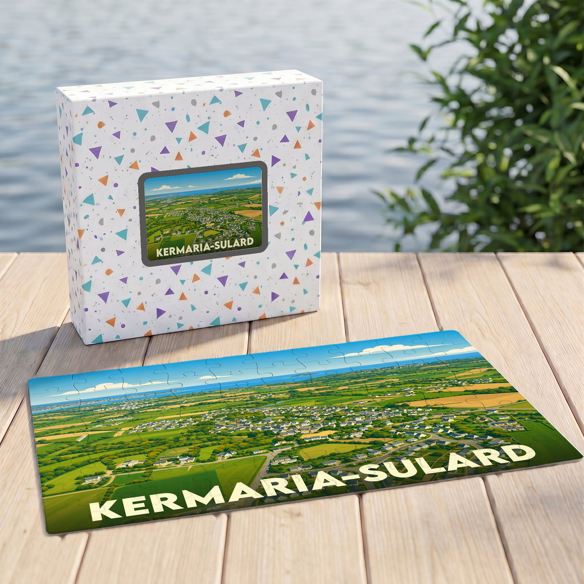Puzzle souvenir de la ville de Kermaria-Sulard avec une illustration de paysage champêtre vue du ciel.