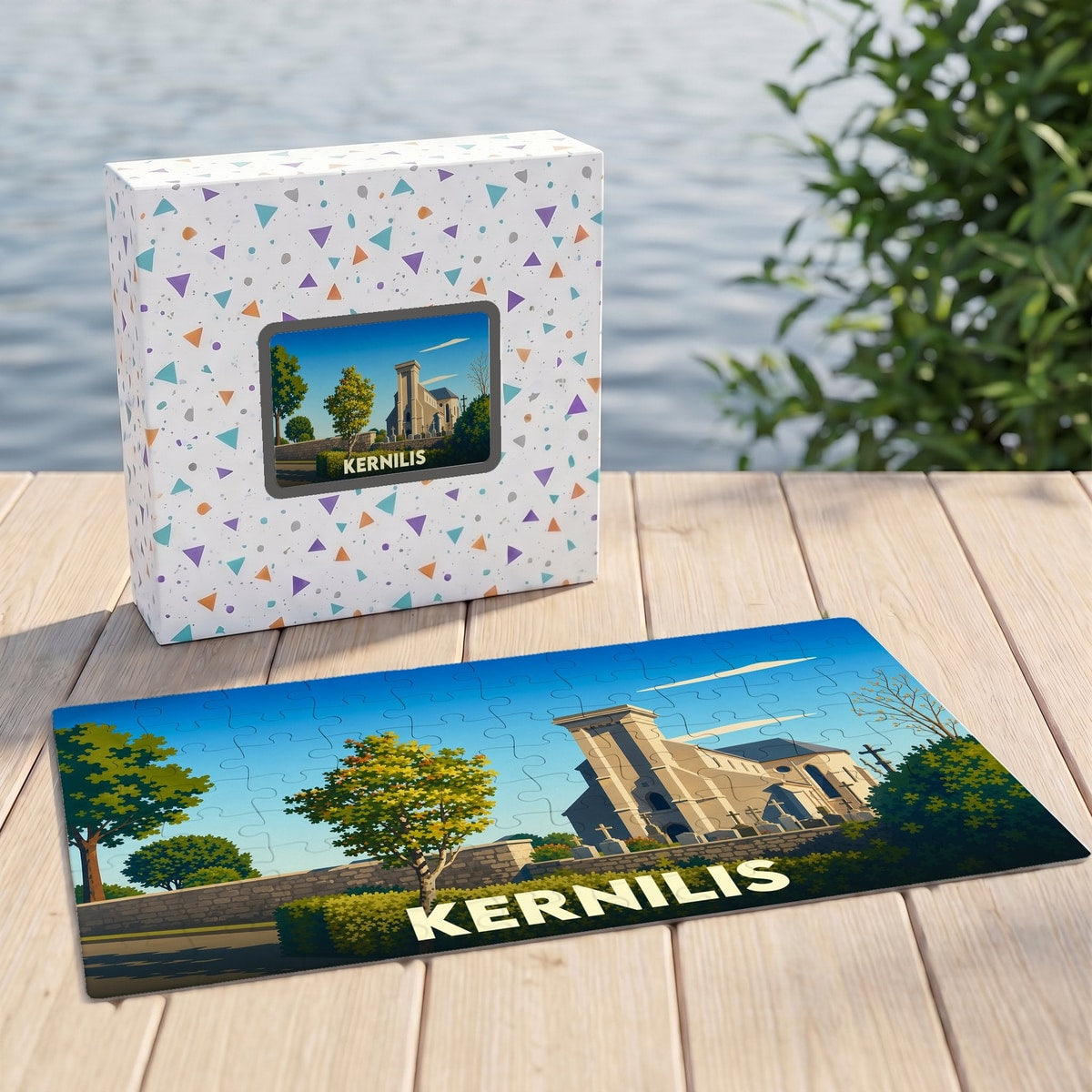 Puzzle souvenir de la ville de Kernilis avec une illustration stylisée d'un monument local.