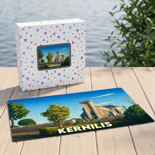 Puzzle souvenir de la ville de Kernilis avec une illustration stylisée d'un monument local.