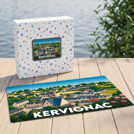 Puzzle souvenir de la ville de Kervignac avec une illustration stylisée et sa boîte assortie.
