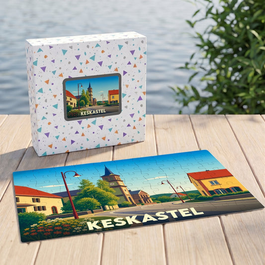Puzzle souvenir de la ville de Keskastel avec une illustration stylisée d'un paysage urbain.
