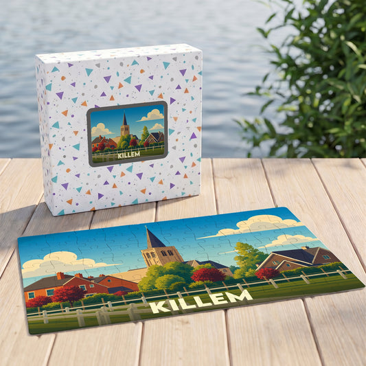 Puzzle souvenir de la ville de Killem avec une illustration stylisée et colorée.