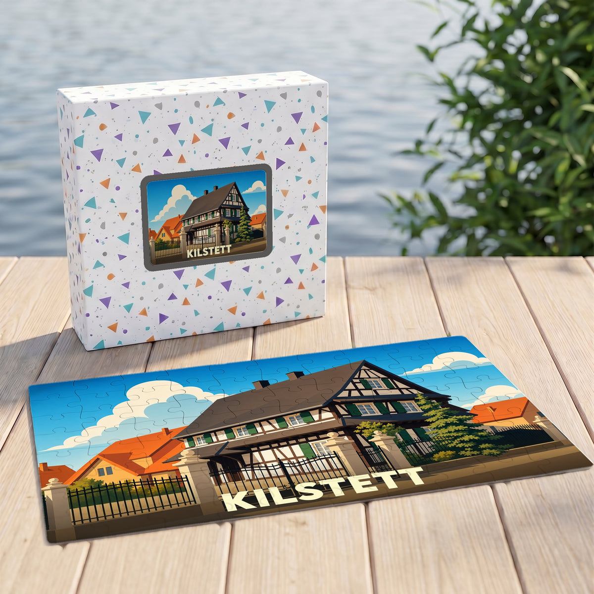 Puzzle souvenir de la ville de Kilstett avec une illustration de maison traditionnelle à colombages.