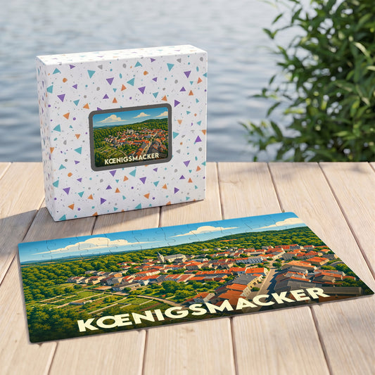 Puzzle souvenir de la ville de Kœnigsmacker avec une illustration stylisée d'une vue aérienne.