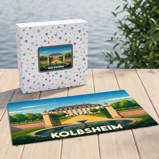 Puzzle souvenir de la ville de Kolbsheim avec une illustration stylisée de son château et de ses jardins.