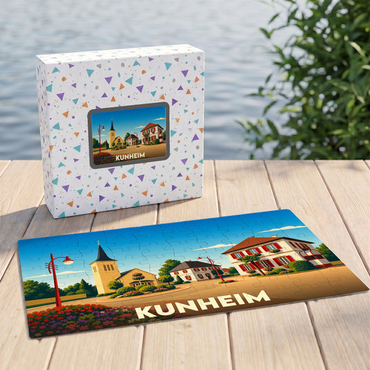 Puzzle souvenir de la ville de Kunheim avec une illustration stylisée.