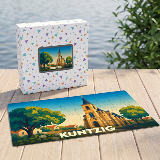 Puzzle souvenir de la ville de Kuntzig avec une illustration stylisée de son église.
