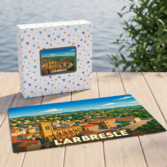 Puzzle souvenir de la ville de L'Arbresle représentant une vue panoramique illustrée de la commune.