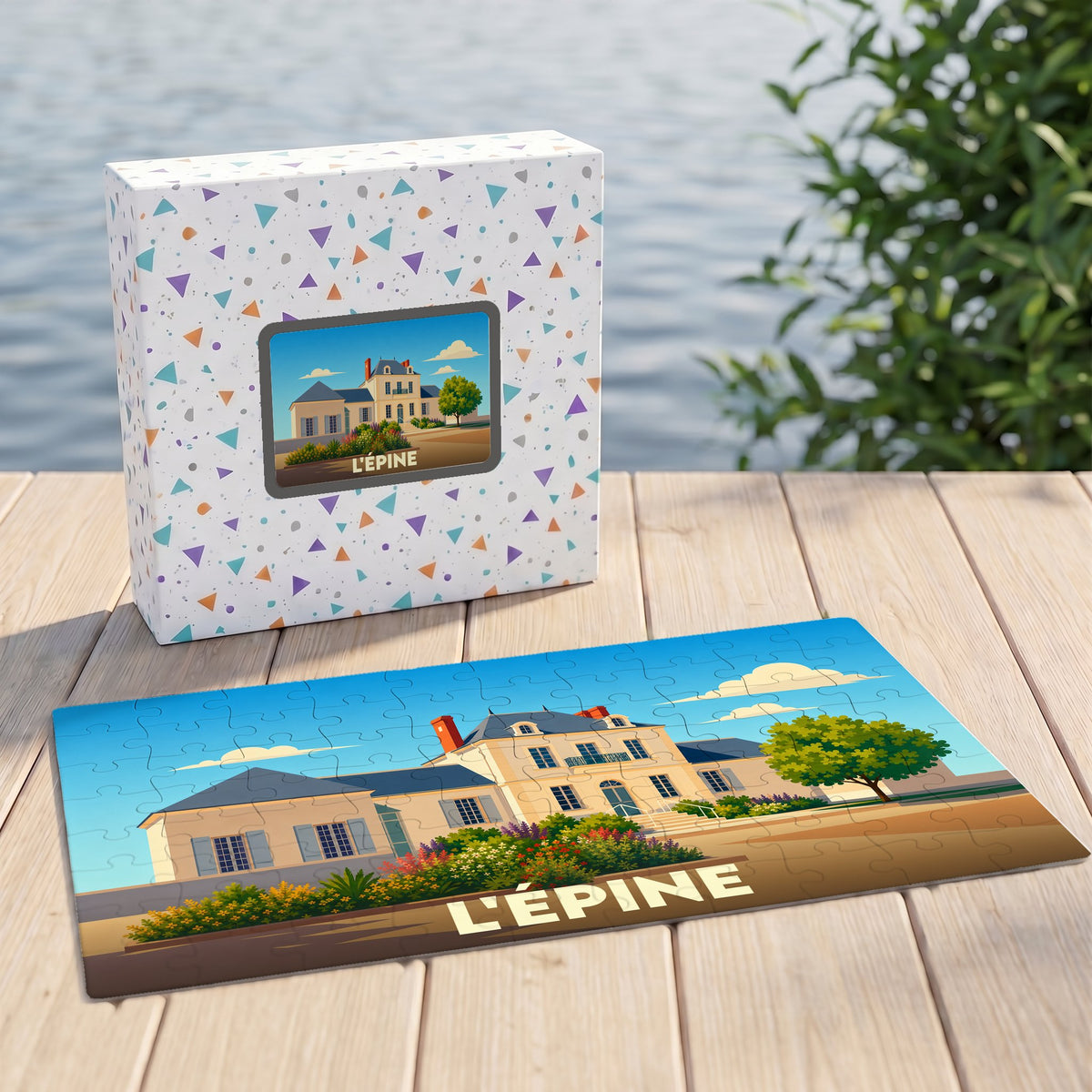 Puzzle souvenir de la ville de L'Épine avec une illustration stylisée d'une demeure traditionnelle.