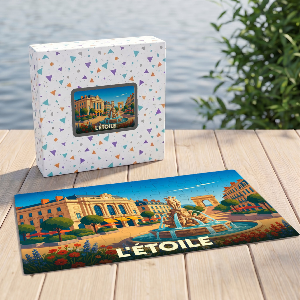 Puzzle souvenir de la ville de L'Étoile avec une illustration stylisée représentant une place ensoleillée et sa fontaine.