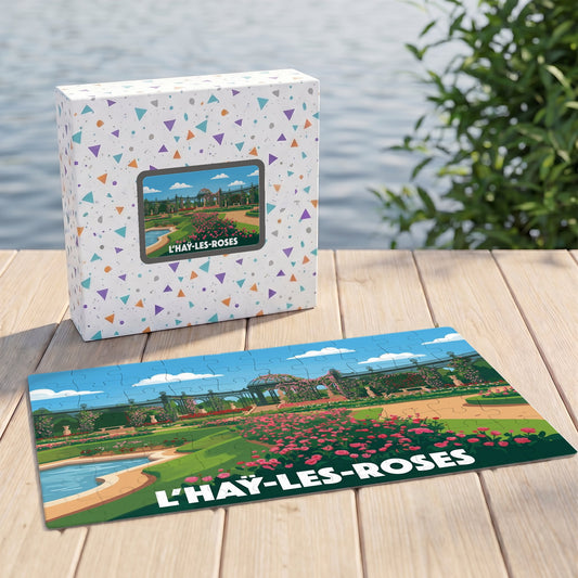 Puzzle souvenir de la ville de L'Haÿ-les-Roses représentant sa roseraie avec une illustration stylisée.