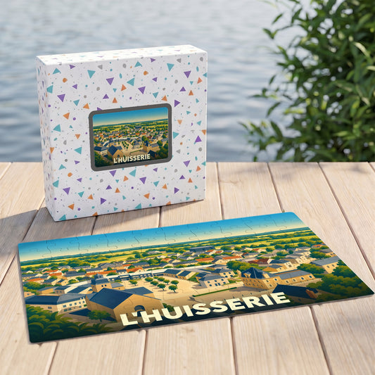 Puzzle souvenir de la ville de L'Huisserie avec une illustration panoramique stylisée.