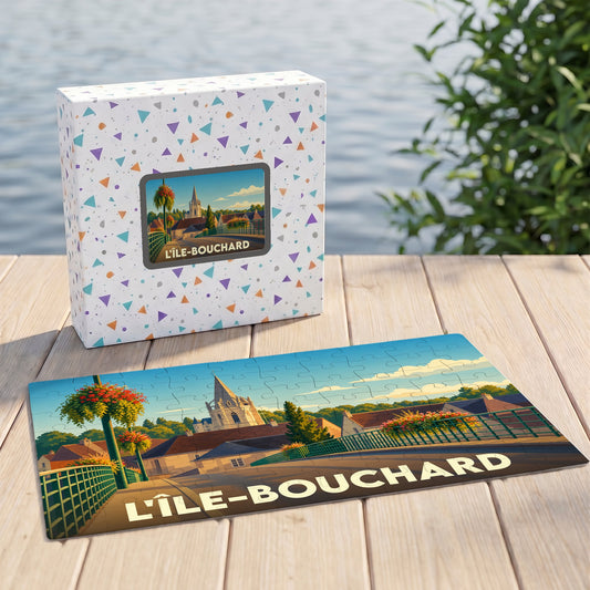 Puzzle souvenir de la ville de L'Île-Bouchard avec une illustration stylisée d'un pont fleuri et de l'église.