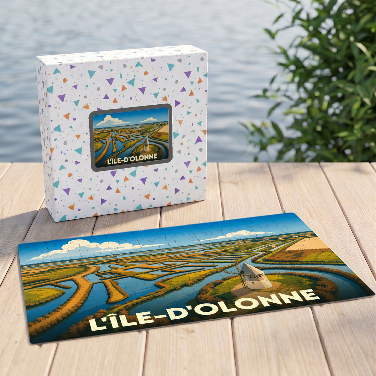 Puzzle souvenir de L'Île-d'Olonne représentant ses marais salants et son moulin dans un style illustré.