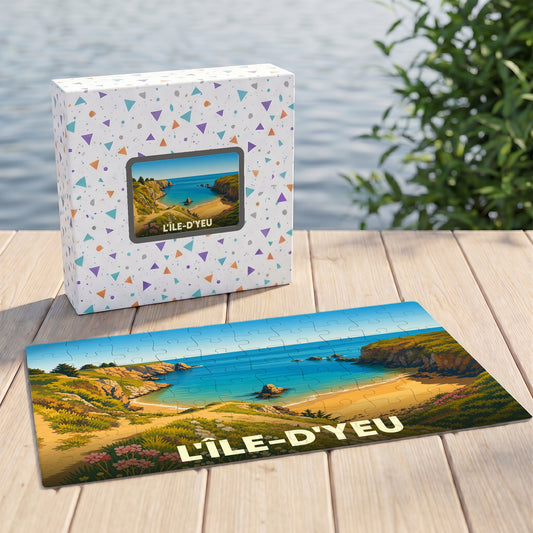 Puzzle souvenir de L'Île-d'Yeu représentant une crique ensoleillée avec une illustration de style vintage.