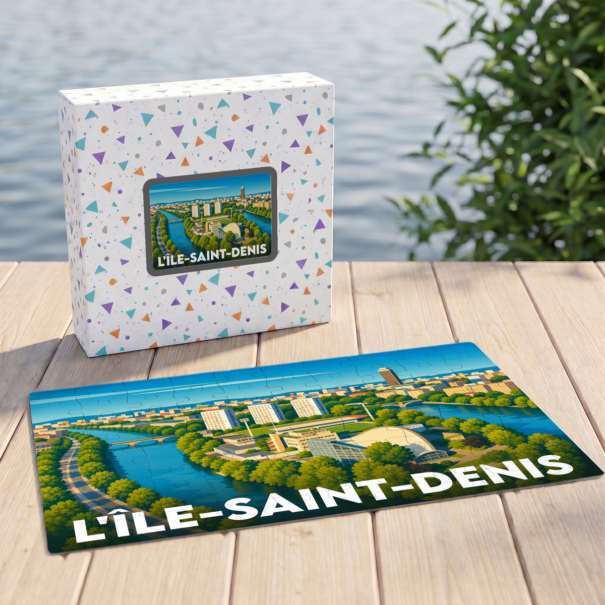 Puzzle souvenir de la ville de L'Île-Saint-Denis avec une illustration colorée et stylisée des bords de Seine.