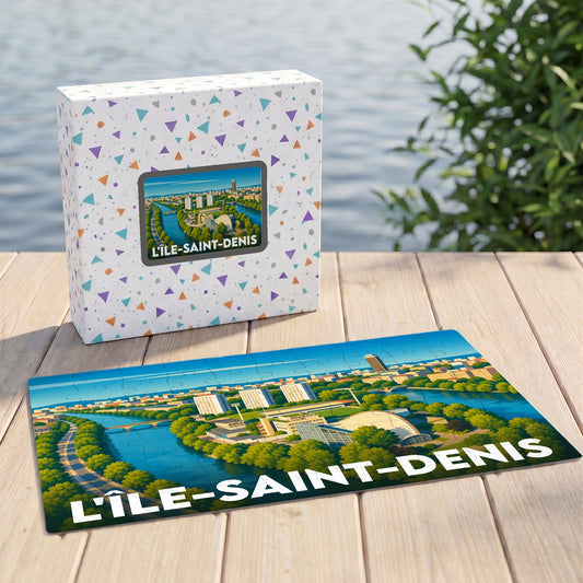 Puzzle souvenir de la ville de L'Île-Saint-Denis avec une illustration colorée et stylisée des bords de Seine.