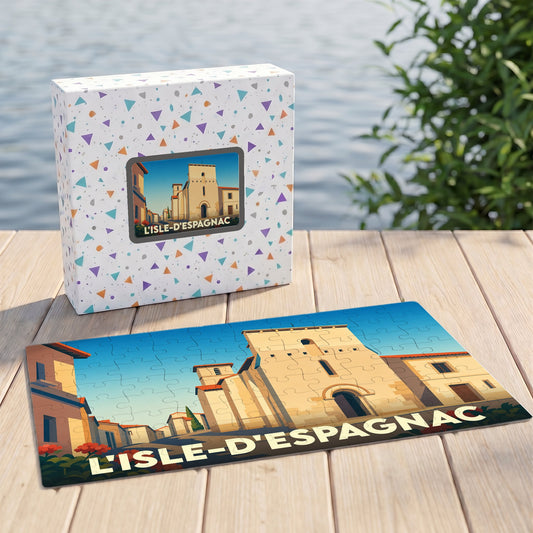 Puzzle souvenir de la ville de L'Isle-d'Espagnac avec une illustration stylisée de son architecture.