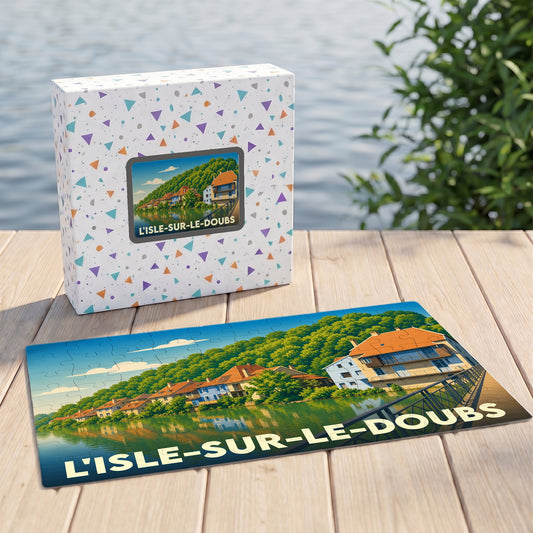 Puzzle souvenir de la ville de L'Isle-sur-le-Doubs avec son illustration stylisée et sa boîte assortie.