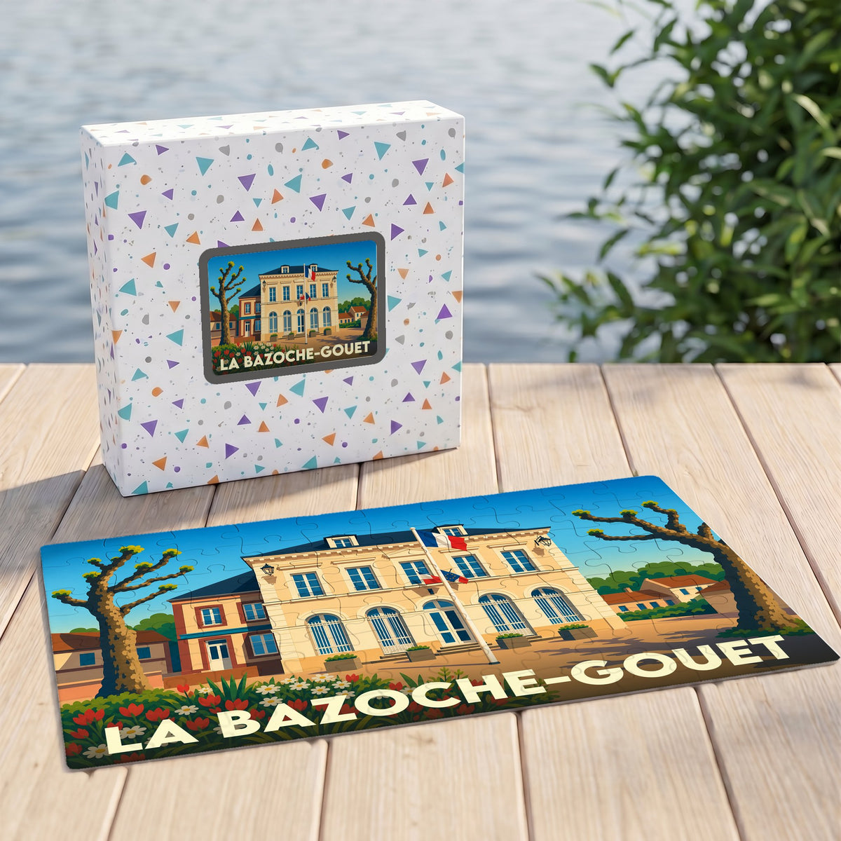 Puzzle souvenir de la ville de La Bazoche-Gouet avec une illustration stylisée de sa mairie.