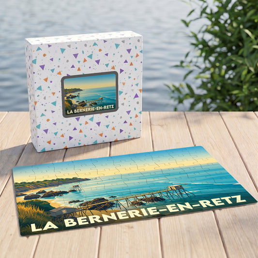 Puzzle souvenir de la ville de La Bernerie-en-Retz avec une illustration stylisée d'un paysage côtier.