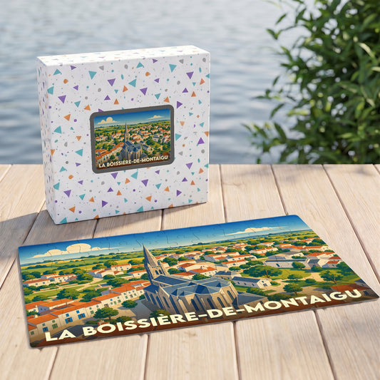 Puzzle souvenir de la ville de La Boissière-de-Montaigu illustrant une vue aérienne stylisée de son église et de ses toits rouges.