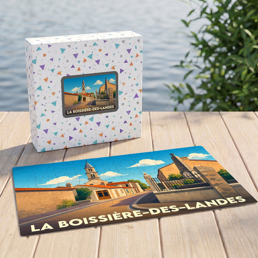 Puzzle souvenir de la ville de La Boissière-des-Landes avec une illustration stylisée d'un paysage urbain.
