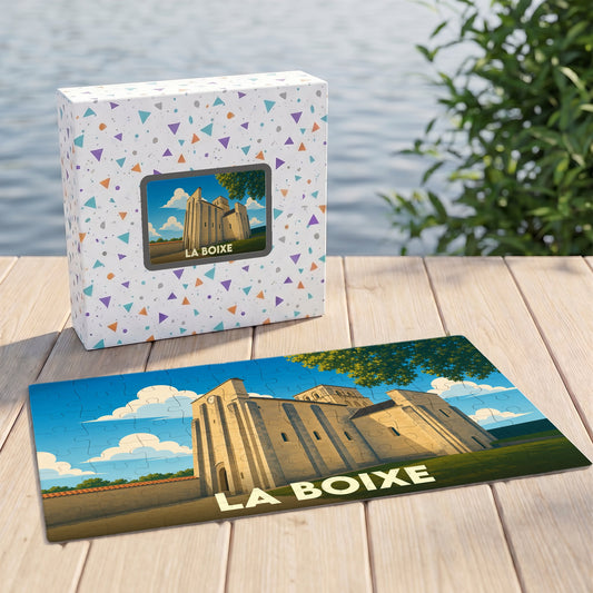 Puzzle souvenir de la ville de La Boixe représentant son église dans un style illustré.