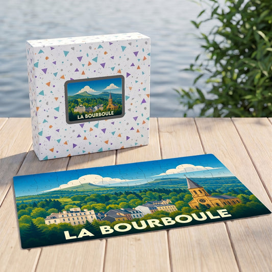 Puzzle souvenir de la ville de La Bourboule avec une illustration stylisée d'un paysage de montagne.