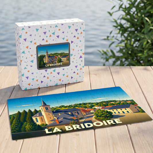 Puzzle souvenir de la ville de La Bridoire avec une illustration stylisée d'un village français.