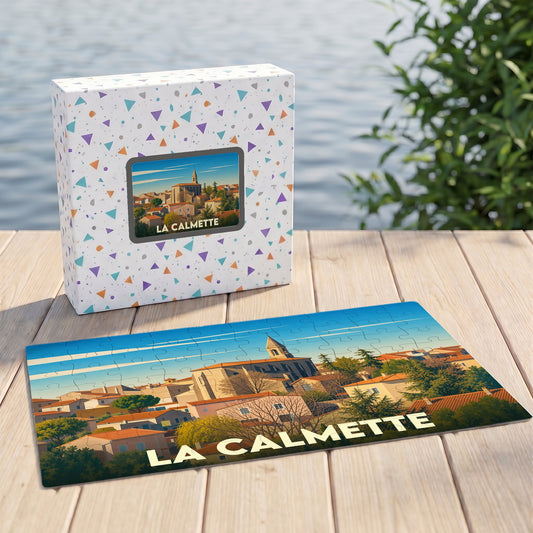 Puzzle souvenir de la ville de La Calmette avec une illustration stylisée.