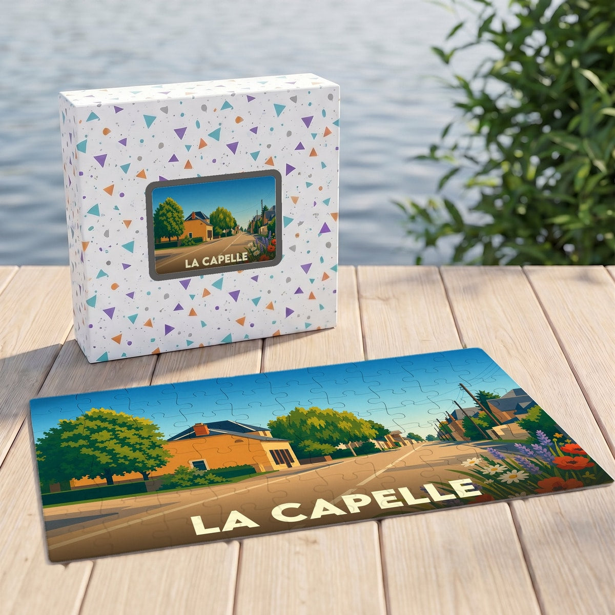 Puzzle souvenir de la ville de La Capelle avec une illustration stylisée et colorée.