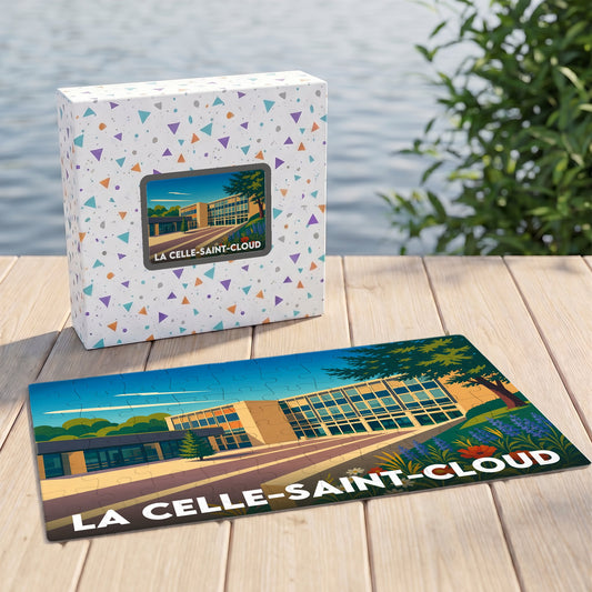 Puzzle souvenir de la ville de La Celle-Saint-Cloud avec une illustration stylisée du paysage urbain.