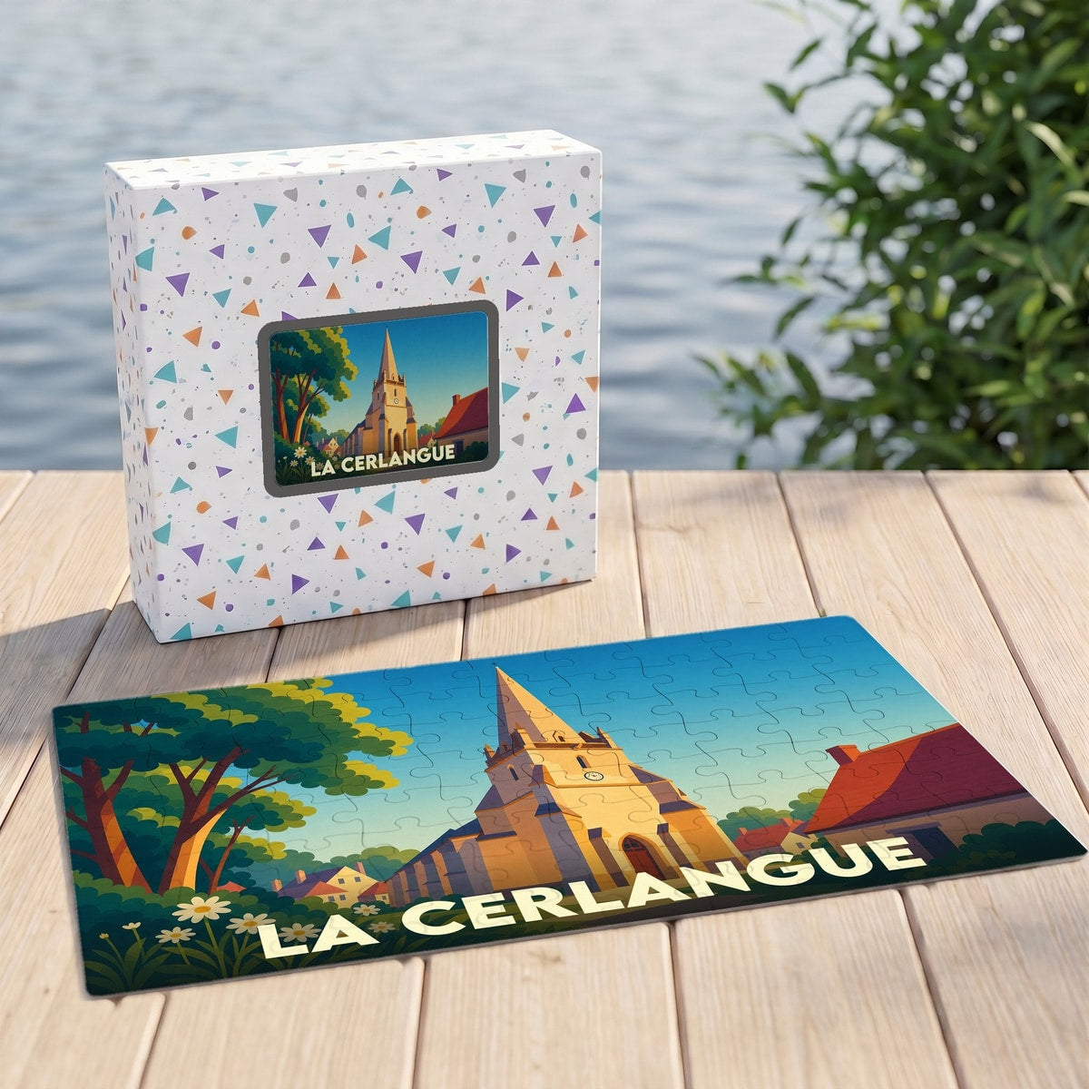Puzzle souvenir de la ville de La Cerlangue avec une illustration stylisée d'une église sous un ciel bleu.