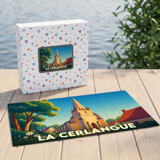 Puzzle souvenir de la ville de La Cerlangue avec une illustration stylisée d'une église sous un ciel bleu.