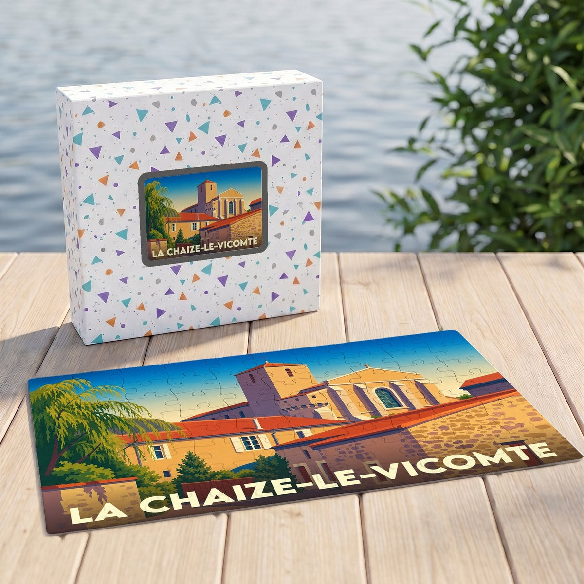 Puzzle souvenir de la ville de La Chaize-le-Vicomte avec une illustration stylisée d'un paysage urbain historique.