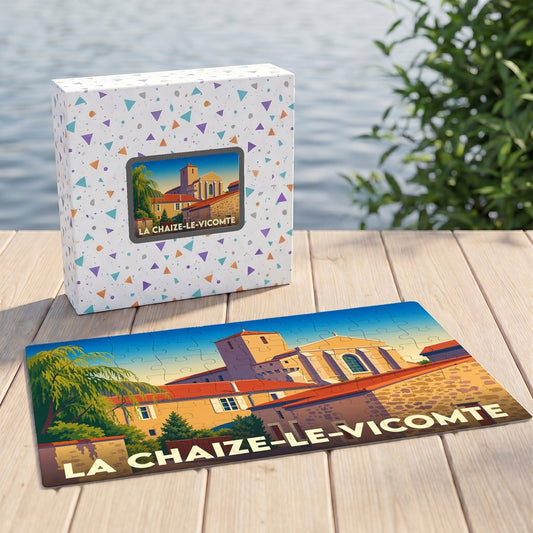 Puzzle souvenir de la ville de La Chaize-le-Vicomte avec une illustration stylisée d'un paysage urbain historique.