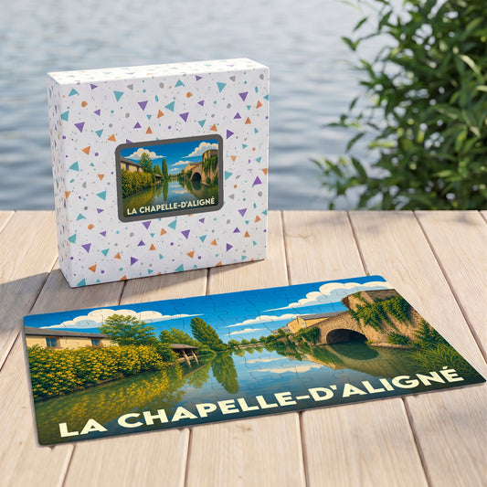 Puzzle souvenir de la ville de La Chapelle-d'Aligné avec une illustration stylisée.