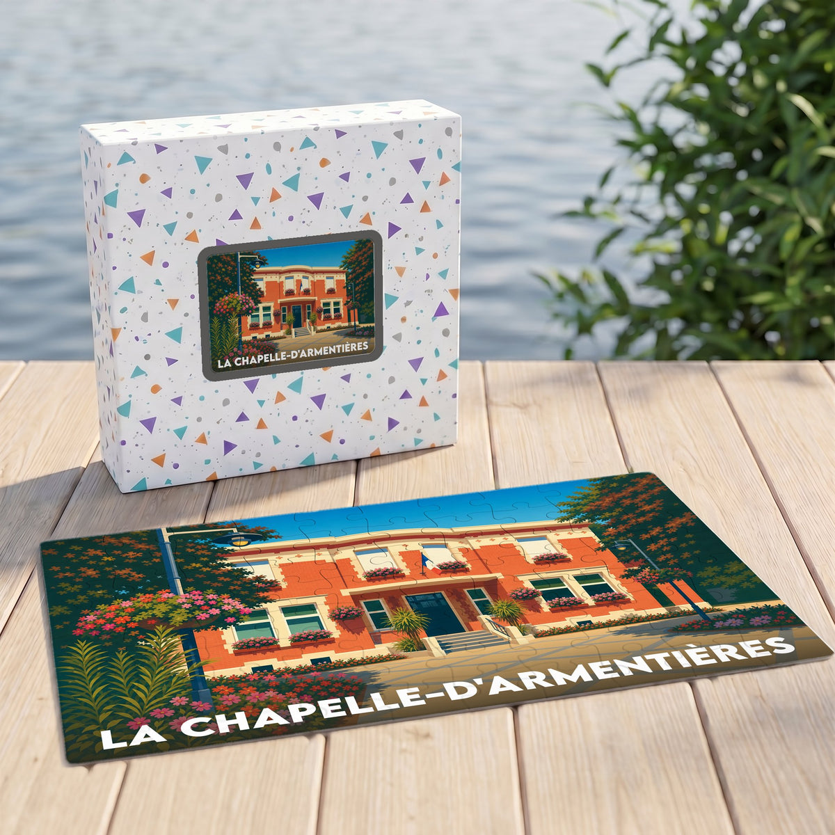 Puzzle souvenir de la ville de La Chapelle-d'Armentières avec une illustration stylisée de son hôtel de ville.