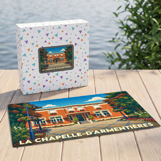 Puzzle souvenir de la ville de La Chapelle-d'Armentières avec une illustration stylisée de son hôtel de ville.